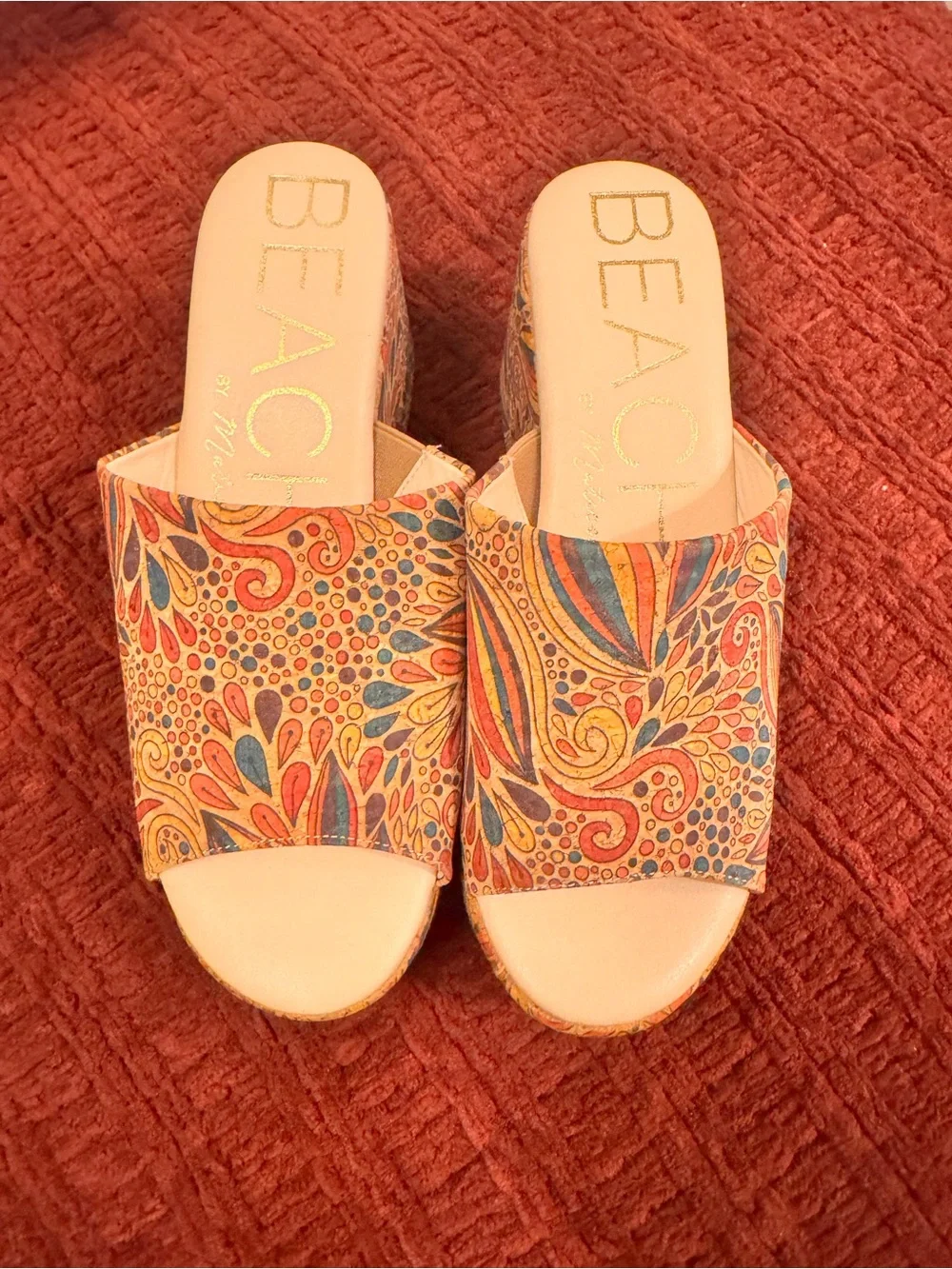 Patterned Multicolor Platform Slide Sandals